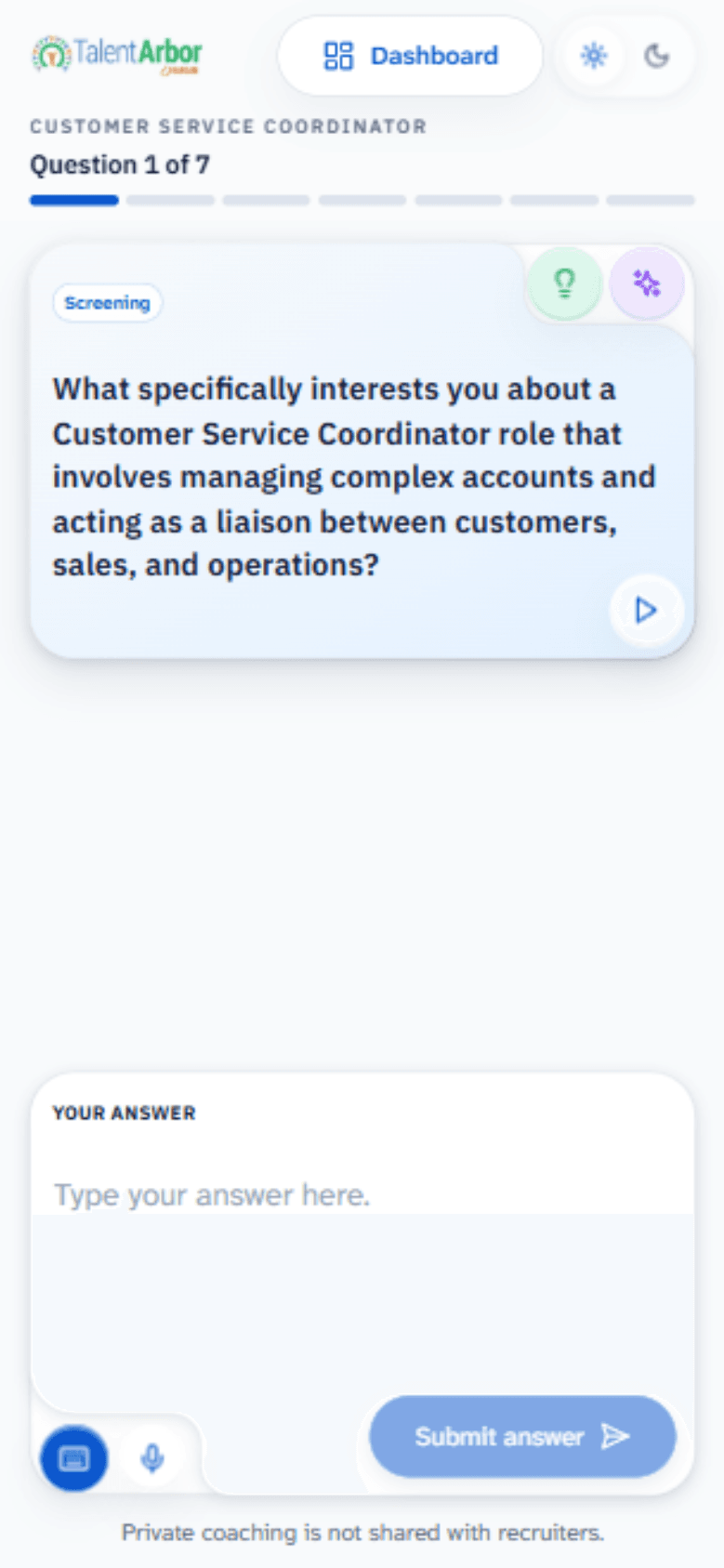 One interview question with an empty voice answer composer