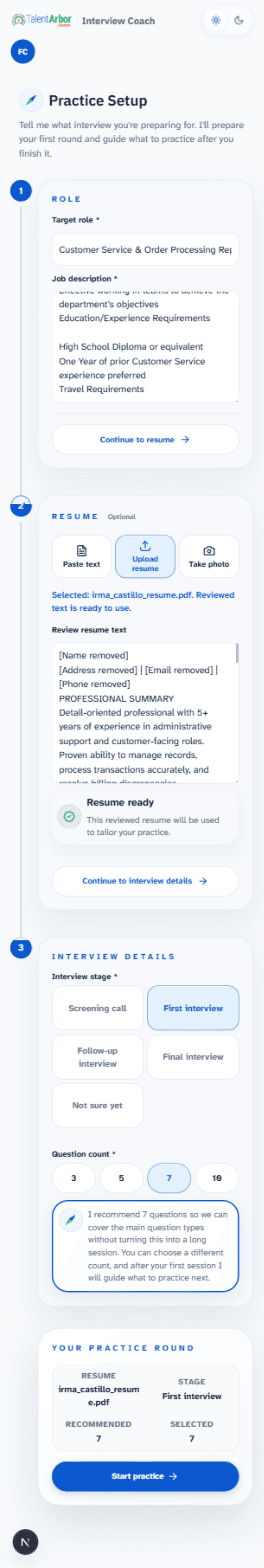 Practice setup with a role and job description